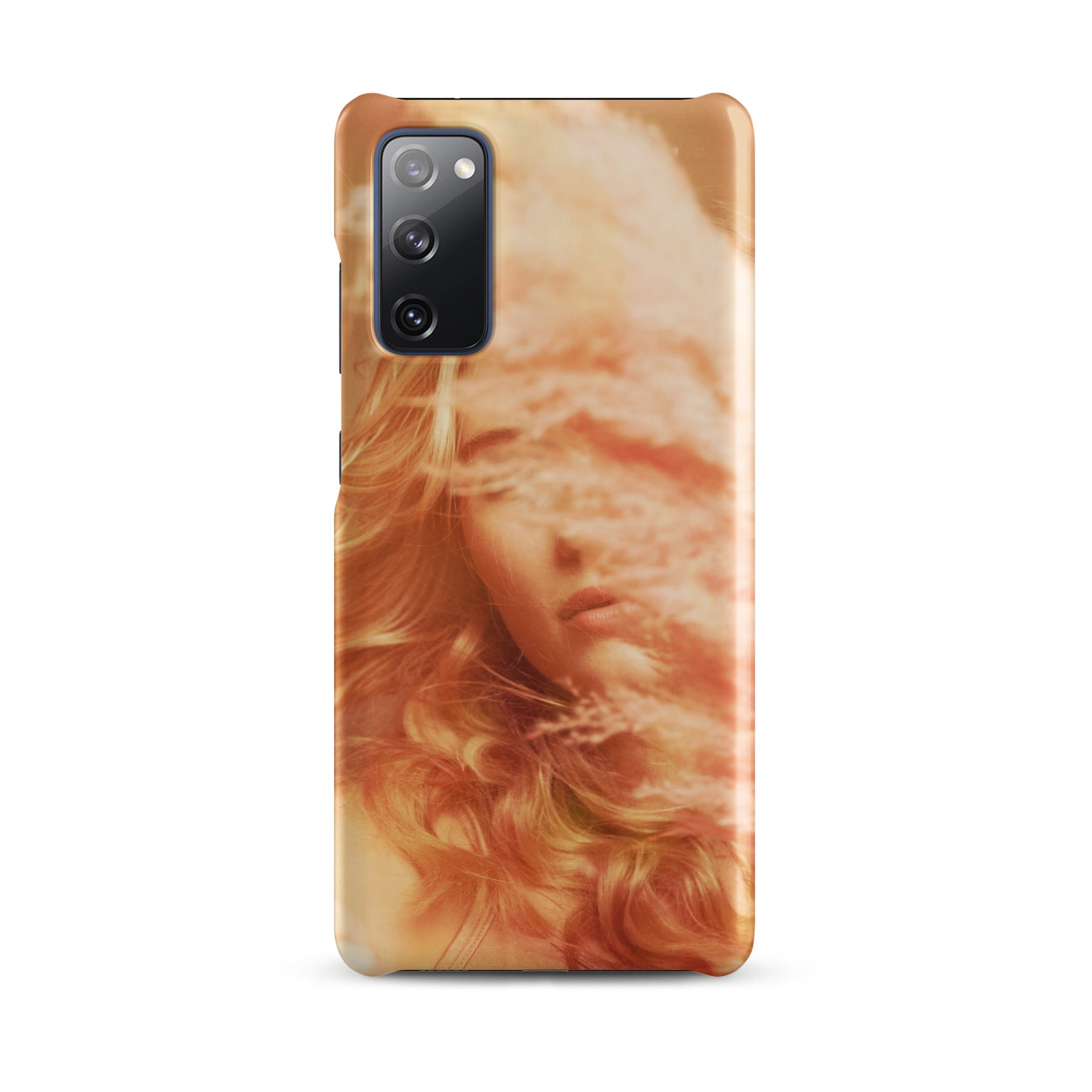 Samsung phone case with a fine art print of a young blonde girl holding pink fluffy plumes