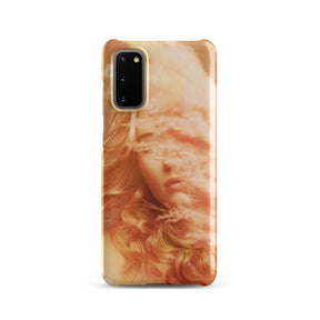 Samsung phone case with a fine art print of a young blonde girl holding pink fluffy plumes