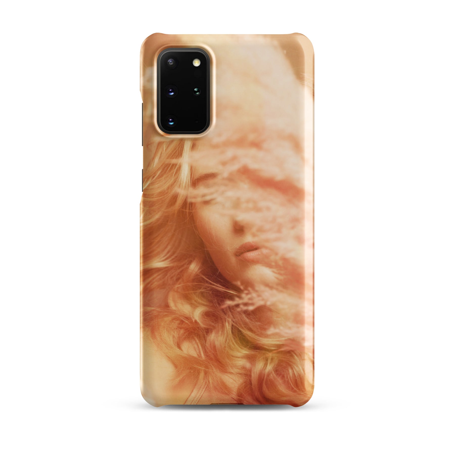 Samsung phone case with a fine art print of a young blonde girl holding pink fluffy plumes