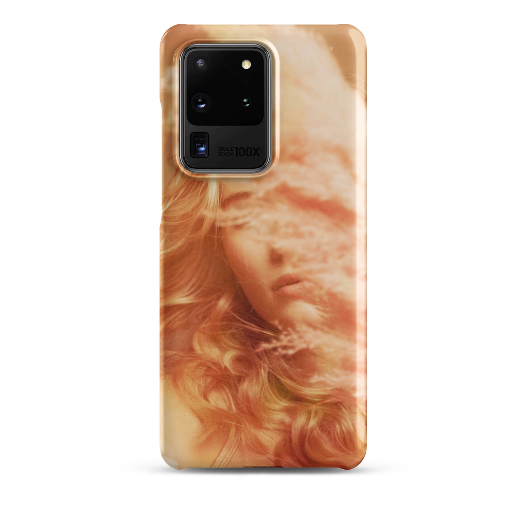 Samsung phone case with a fine art print of a young blonde girl holding pink fluffy plumes