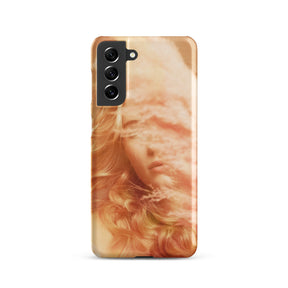 Samsung phone case with a fine art print of a young blonde girl holding pink fluffy plumes