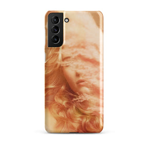 Samsung phone case with a fine art print of a young blonde girl holding pink fluffy plumes