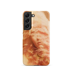 Samsung phone case with a fine art print of a young blonde girl holding pink fluffy plumes