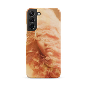 Samsung phone case with a fine art print of a young blonde girl holding pink fluffy plumes