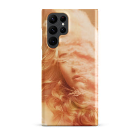 Samsung phone case with a fine art print of a young blonde girl holding pink fluffy plumes