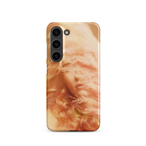 Samsung phone case with a fine art print of a young blonde girl holding pink fluffy plumes