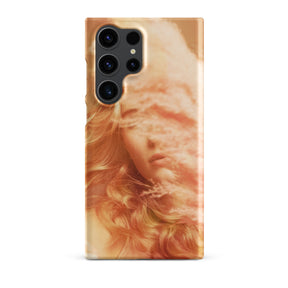 Samsung phone case with a fine art print of a young blonde girl holding pink fluffy plumes