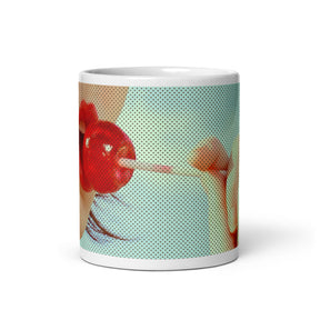 coffee mug with image of a girl with a red lolly pop in a pop art style