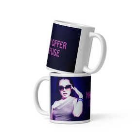 stacked coffee mug with a purple wrap and an image of a young woman in sunglasses. There is pink text that reads Make Me An Offer I Can't Refuse