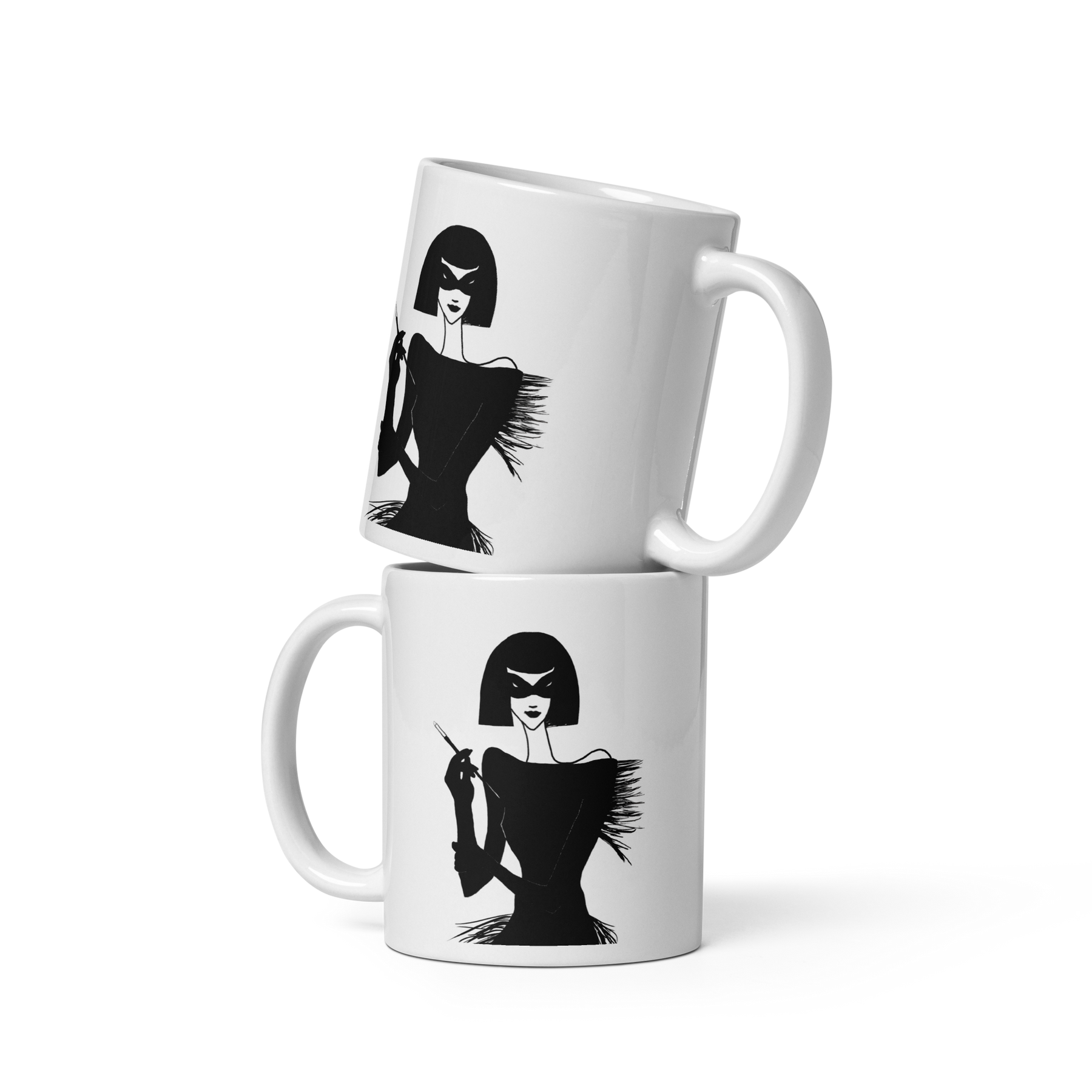 stacked coffee mug with an ink drawing of a 1920's woman in a mask and holding a long cigarette