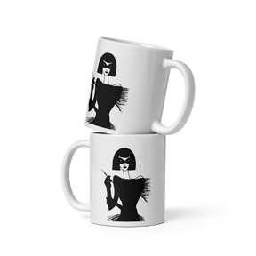 stacked coffee mug with an ink drawing of a 1920's woman in a mask and holding a long cigarette