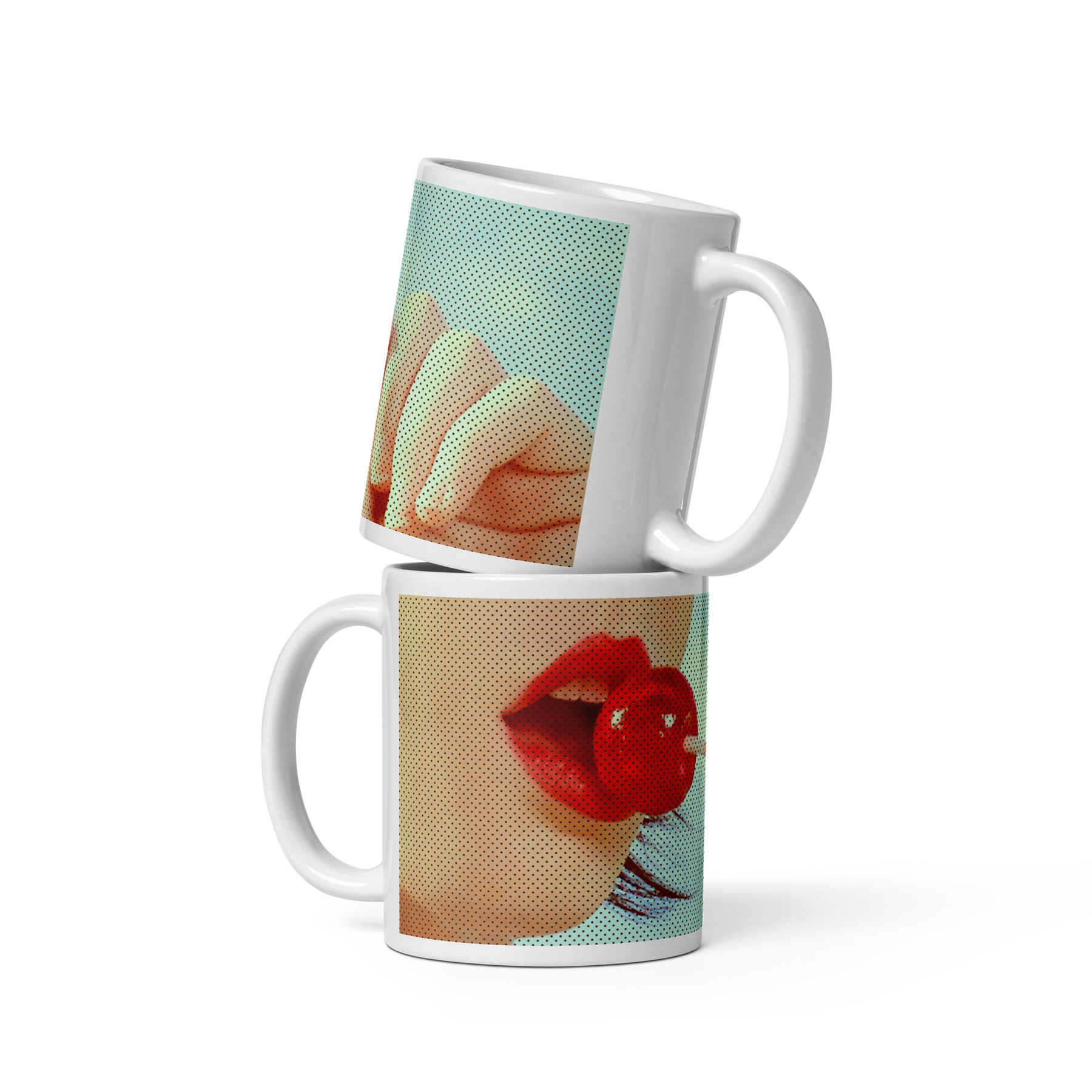 coffee mug with image of a girl with a red lolly pop in a pop art style stacked on each other