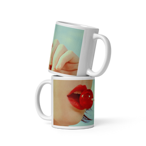 coffee mug with image of a girl with a red lolly pop in a pop art style stacked on each other