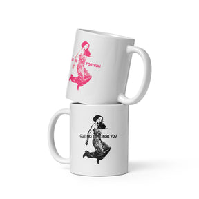 stacked Coffee mug with a young woman jumping in the air with the words Got NO Time For You- both the woman and words are pink and black