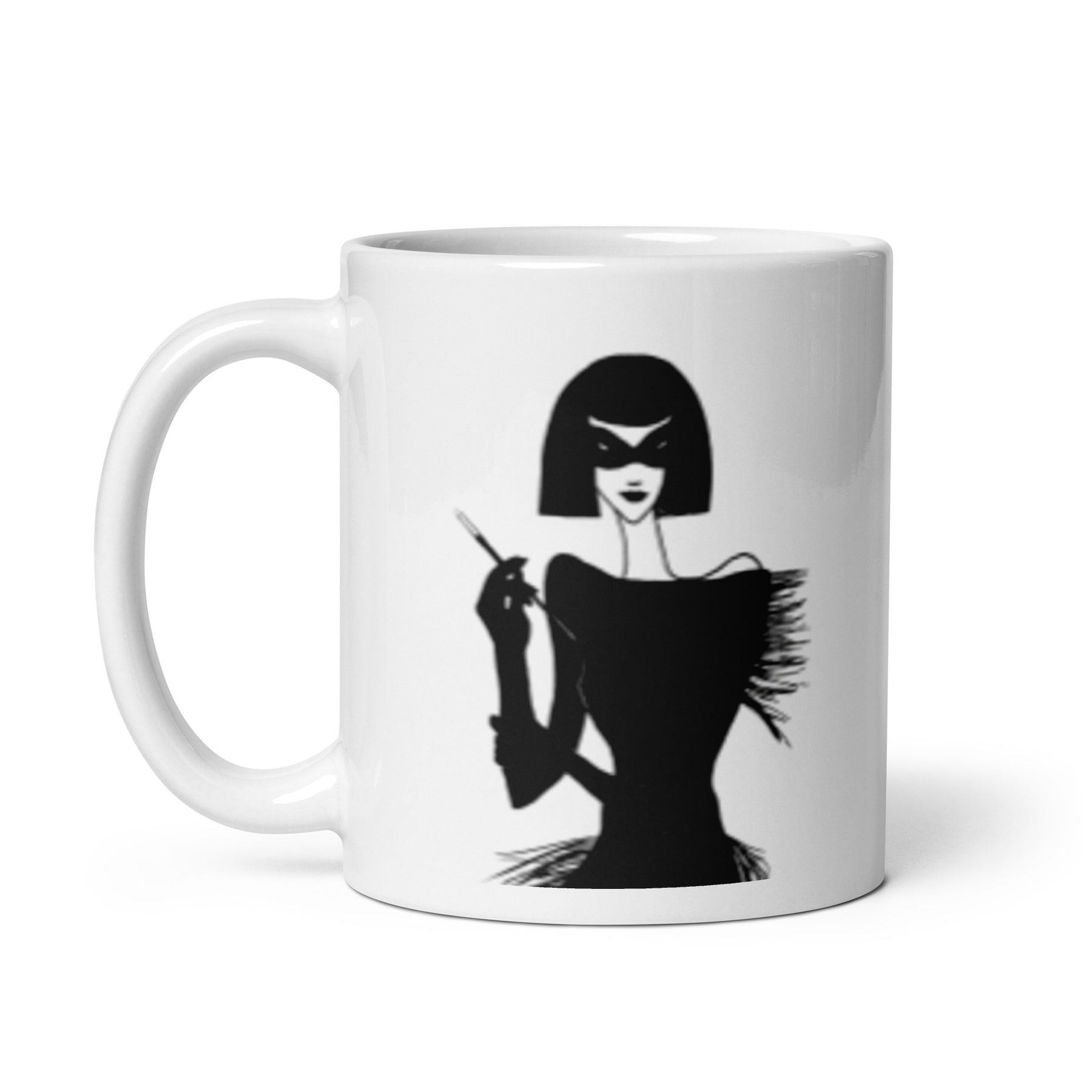 coffee mug with an ink drawing of a 1920's woman in a mask and holding a long cigarette