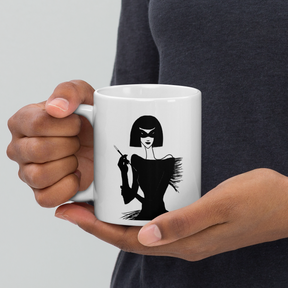 woman holding a coffee mug with an ink drawing of a 1920's woman in a mask and holding a long cigarette