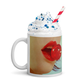 coffee mug with image of a girl with a red lolly pop in a pop art style with whip cream and a straw