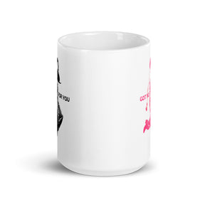 Coffee mug with a young woman jumping in the air with the words Got NO Time For You- both the woman and words are pink and black