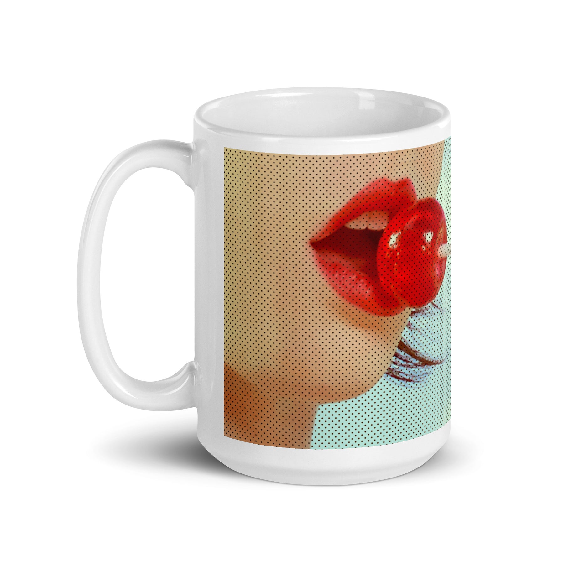 coffee mug with image of a girl with a red lolly pop in a pop art style