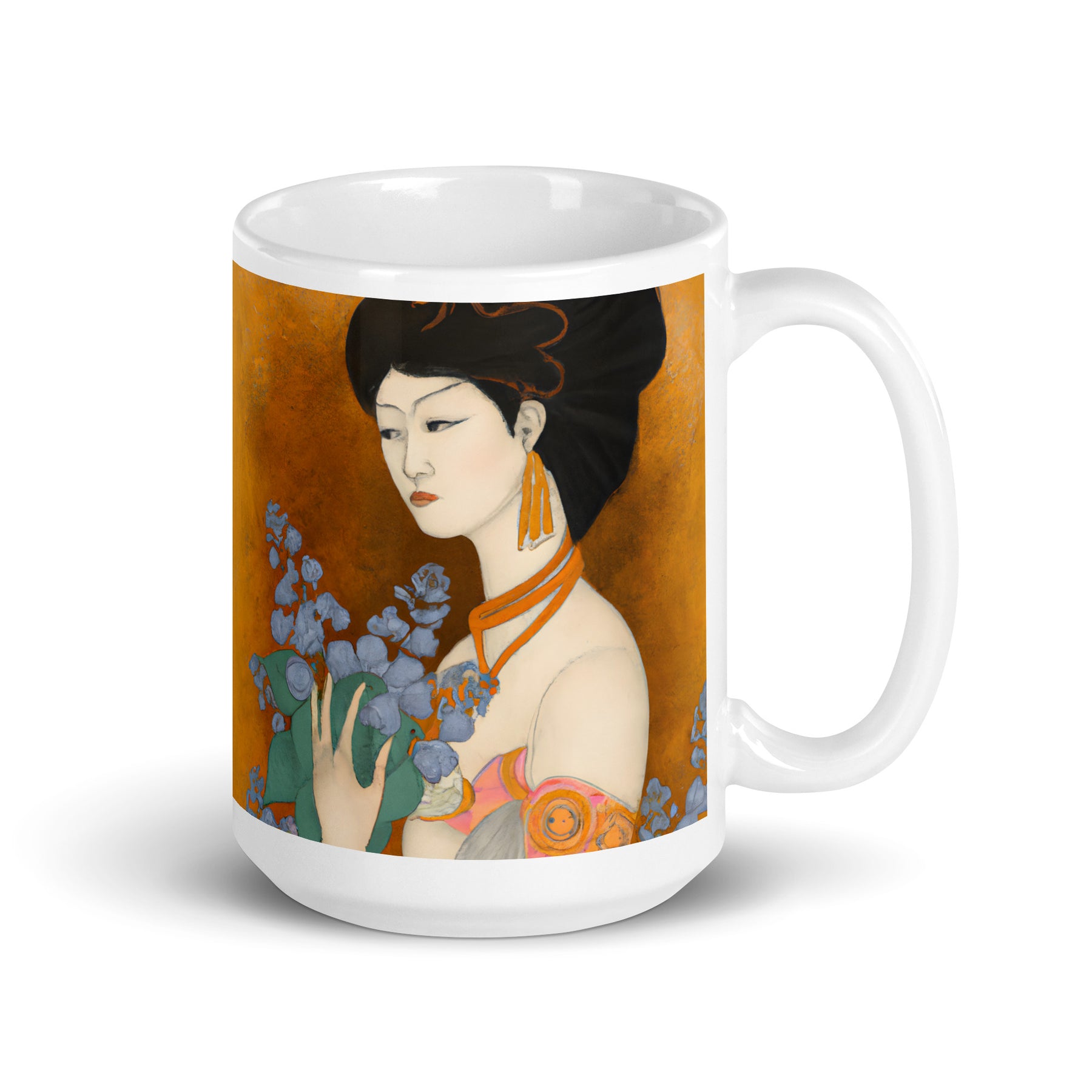 Coffee Mug with a painted image of a Geisha holding some violets 