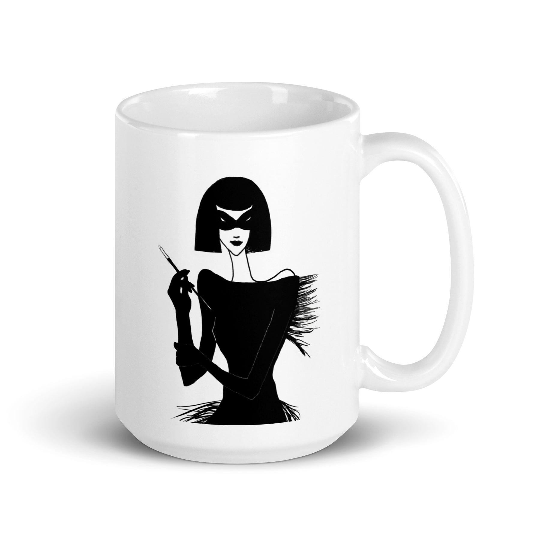 coffee mug with an ink drawing of a 1920's woman in a mask and holding a long cigarette