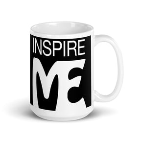 view of a black and white mug that says "inspire me"