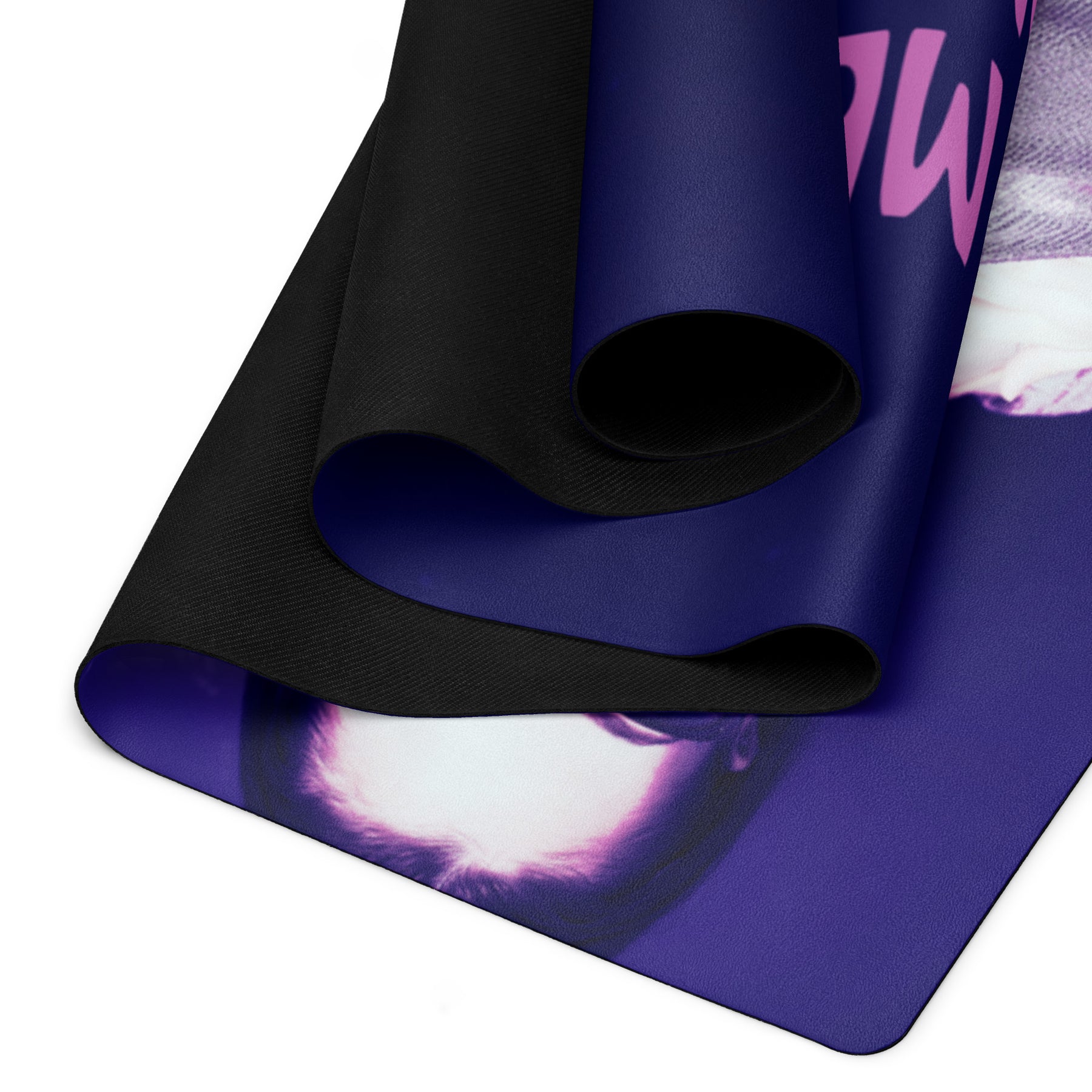 close up of a Yoga mat with a purple wrap and an image of a young woman in sunglasses. There is pink text that reads Make Me An Offer I Can't Refuse