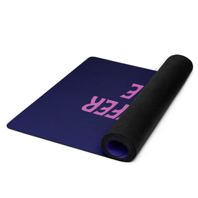 half rolled Yoga mat with a purple wrap and an image of a young woman in sunglasses. There is pink text that reads Make Me An Offer I Can't Refuse