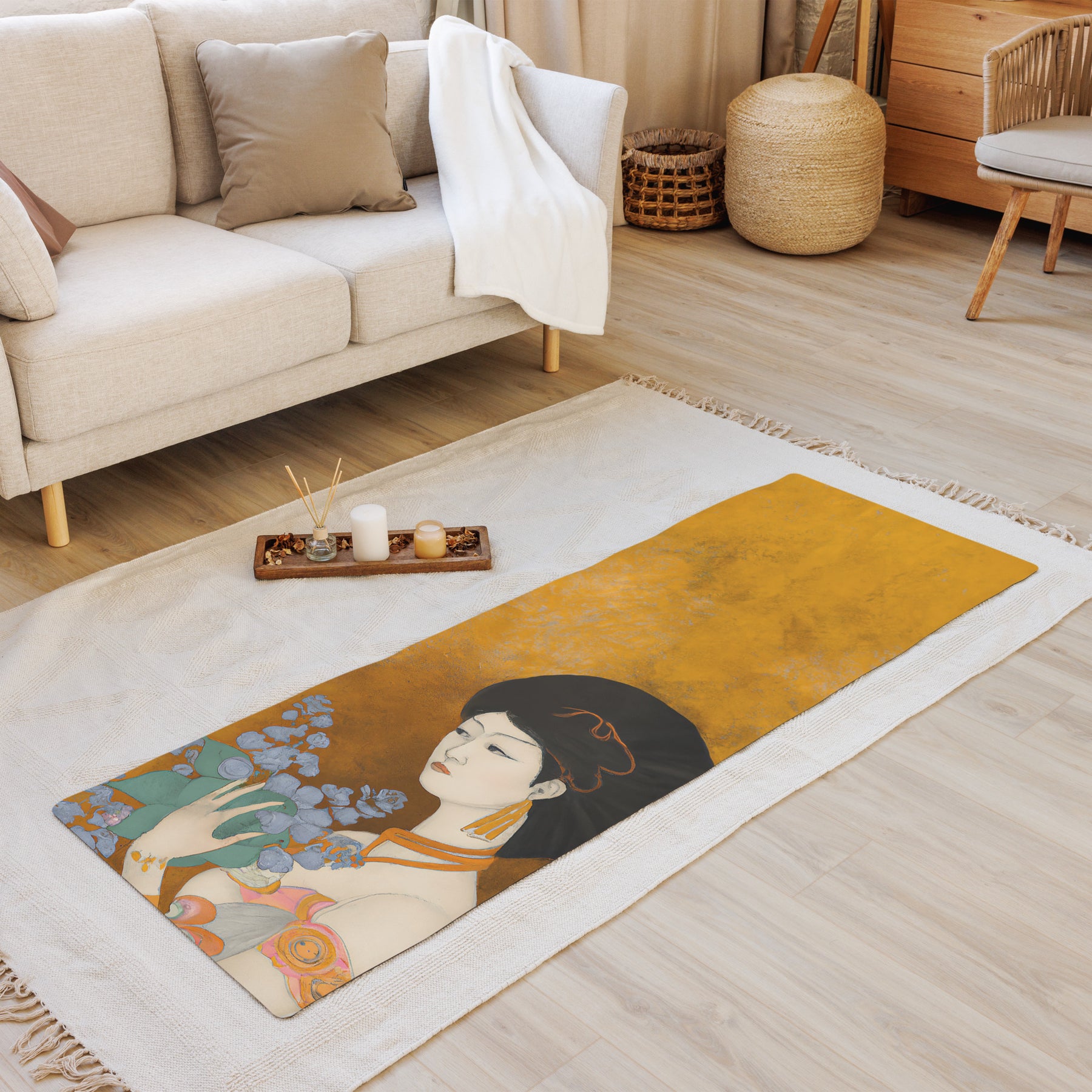 interior zen room with a Yoga Mat with a painted image of a Geisha holding some violets