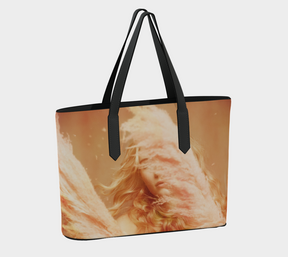 vegan leather tote bag of a photograph of a young blonde girl holding pink fluffy plumes