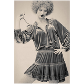 Fine art poster of a young woman in a heavy fabric dress and curly wig with an antique colour tone and feel