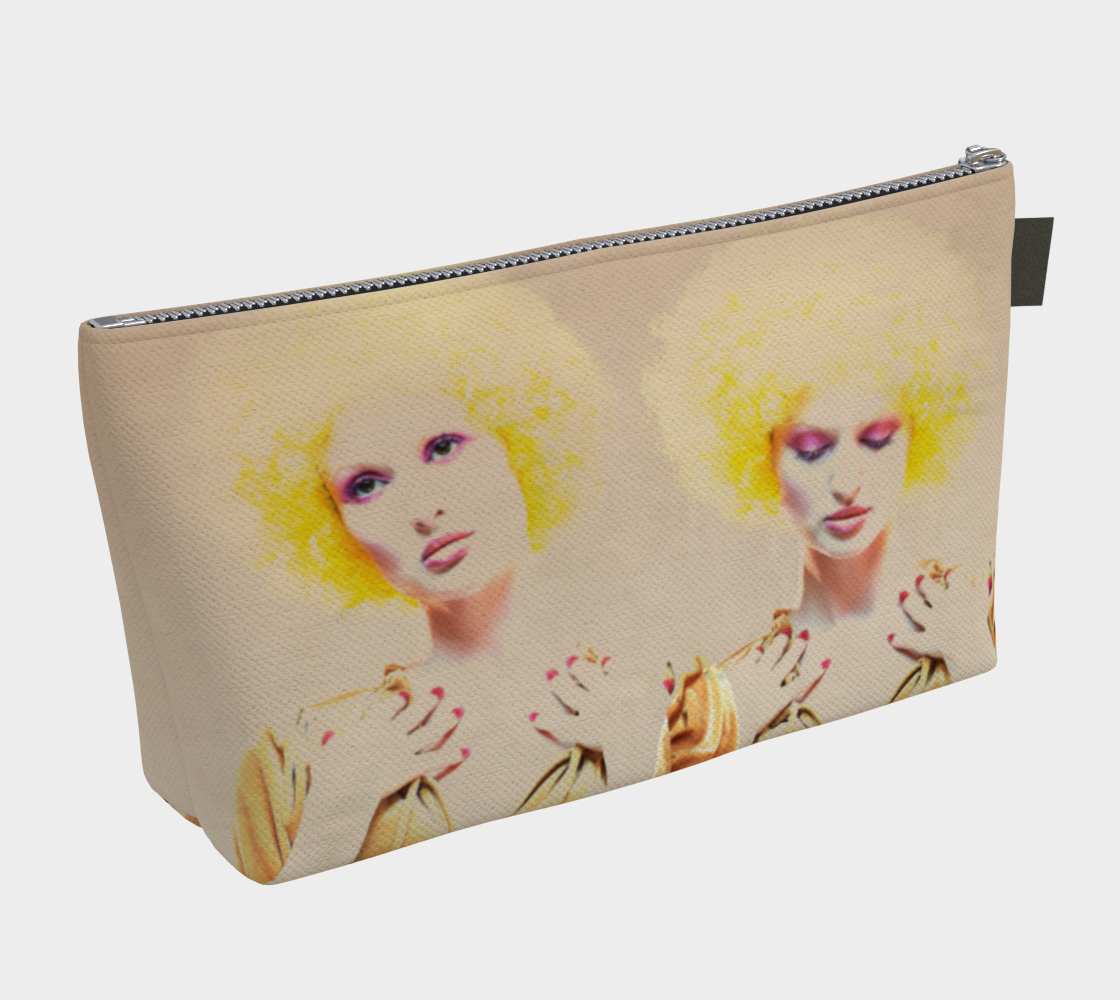 canvas make up bag with a photo of Gemini twins in a vintage gold dress with yellow curly hair