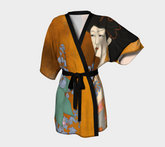 Short Kimono Robe with a  painted image of a Geisha holding some violets front view