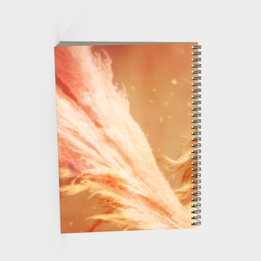 spiral bound note book of Fine art print of a young blonde girl holding pink fluffy plumes back view