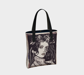 Tote Bag with a very textured painted image of a woman with flowers in her hair that looks like a black and white engraving